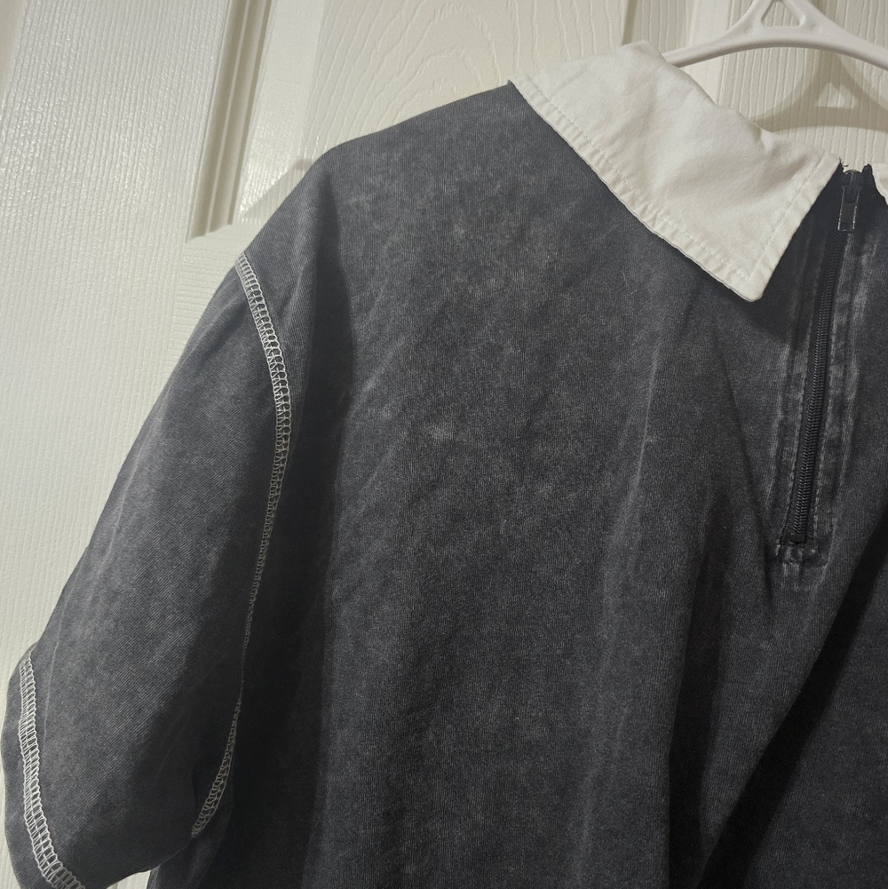 Social Collision Boxy Fit Acid Wash Collared Tee w/ Embroidered Skull Patch. - Picture 7 of 9